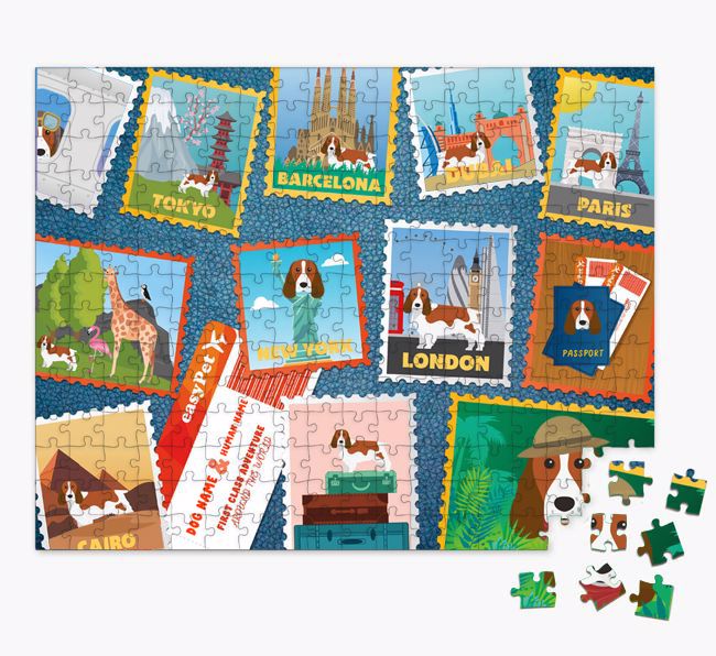 Around The World Adventure: Personalized {breedFullName} Jigsaw